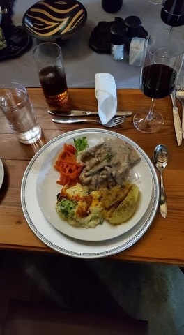 Plated dinner with game meat, mashed potato, roasted carrots and red wine