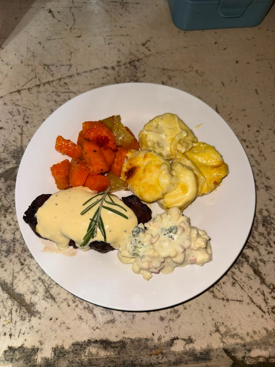 Plated dinner with roasted vegetables